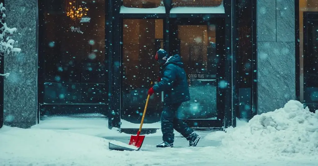 person shoveling snow in front of commercial building, concept of Hiring a Snow Plowing Company Now to Prepare for Winter