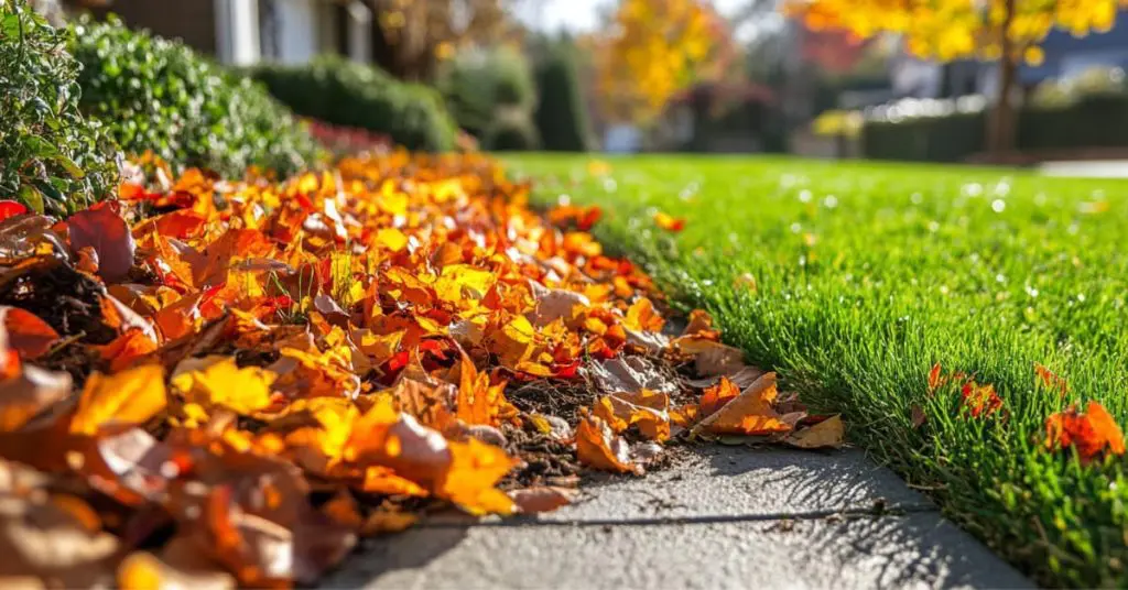 pile of leaves in the fall next to lawn
