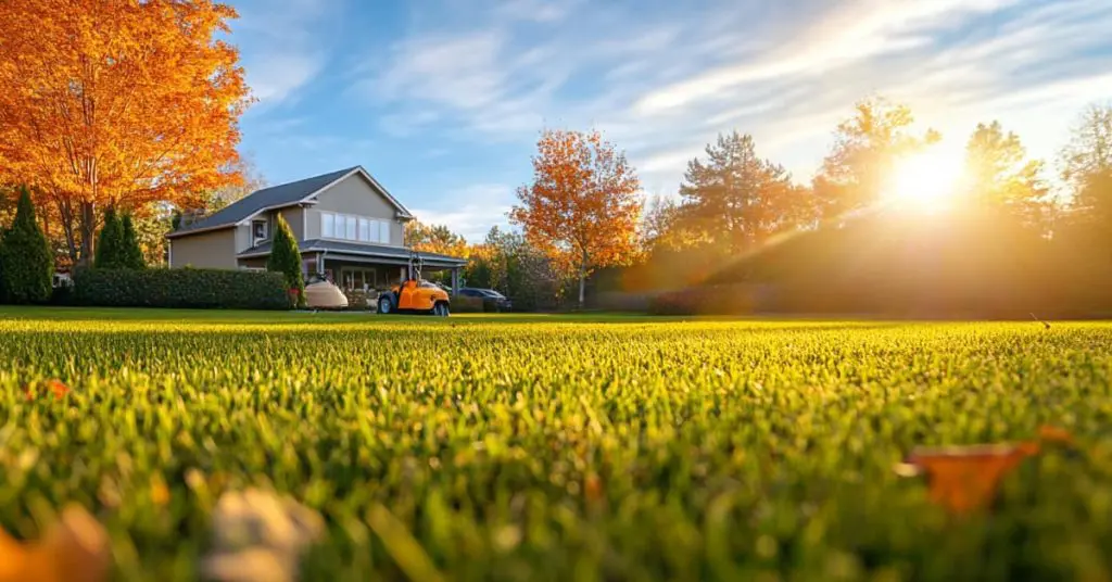 lawn with mower and house in the far distance