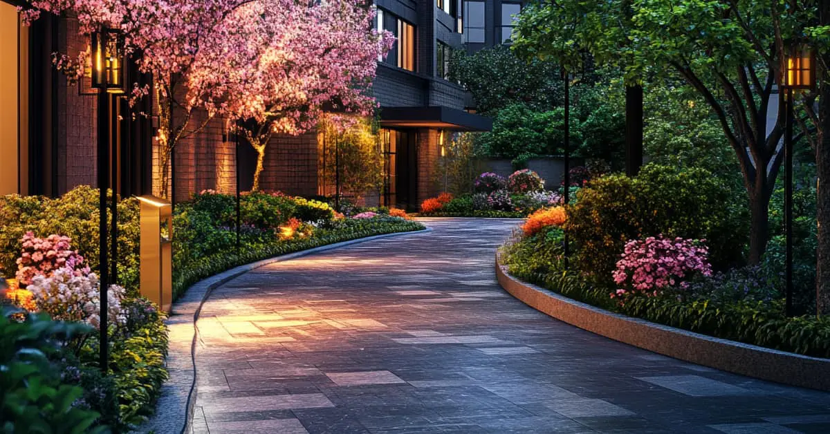 beautiful sidewalk with landscaping and lights