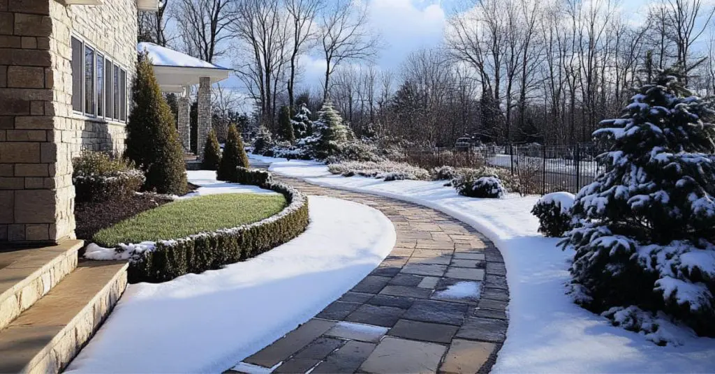 snow alongside walkway and grass in winter concept of winters effects on landscape