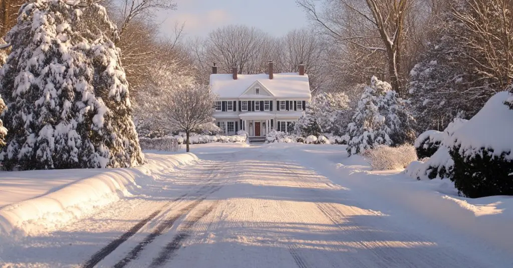 large home in distance with snow plowed driveway, concept of 4 Tips to Choose Affordable Snow Plowing Services