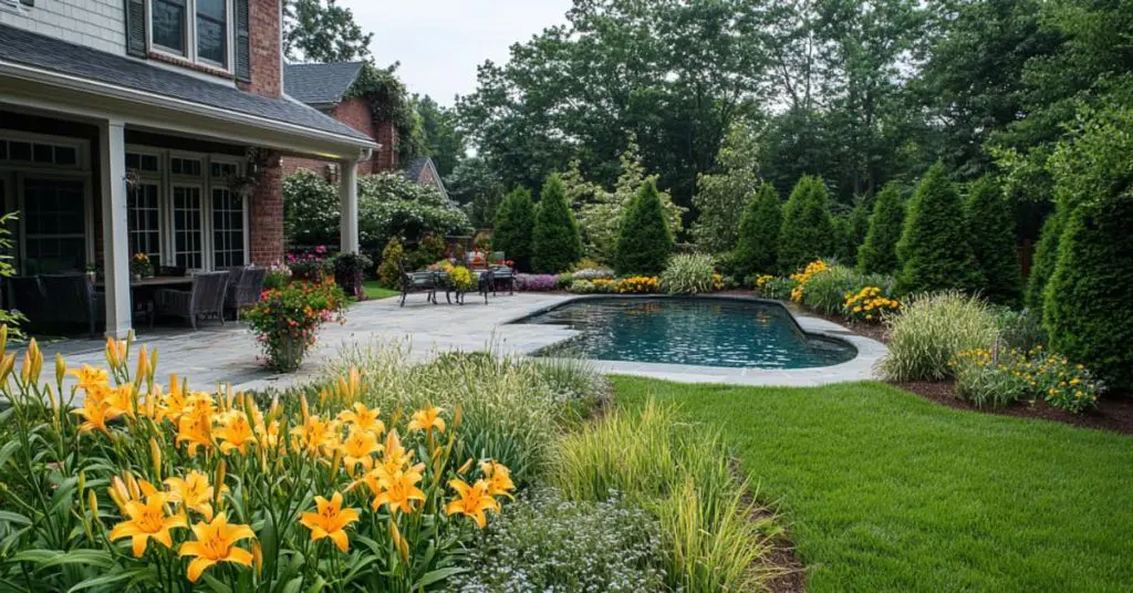 pool, daylilies, arborvitae trees, concept of low-maintenance landscaping