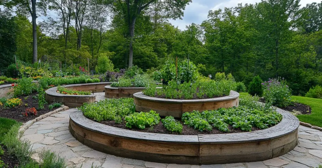 raised garden bed with herb spirals and vegetable patches, landscaping trends in 2025