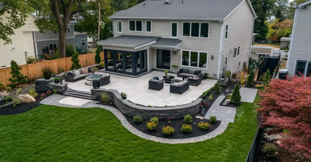 backyard with patio, seating, garden beds, 10 Top Landscaping Trends in 2025 for New Jersey Homes