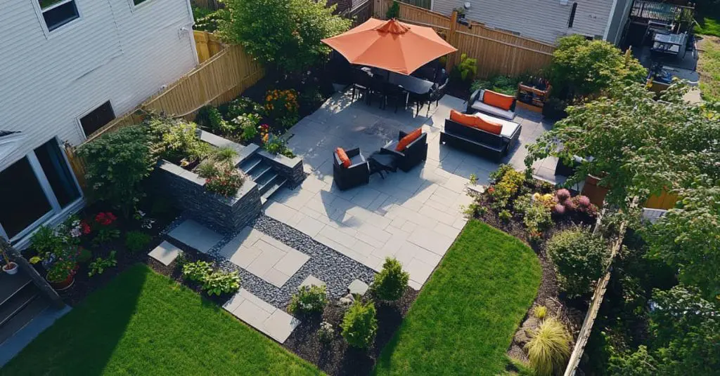 aerial view of backyard with deck, seating and plants, 10 Top Landscaping Trends in 2025 for New Jersey Homes