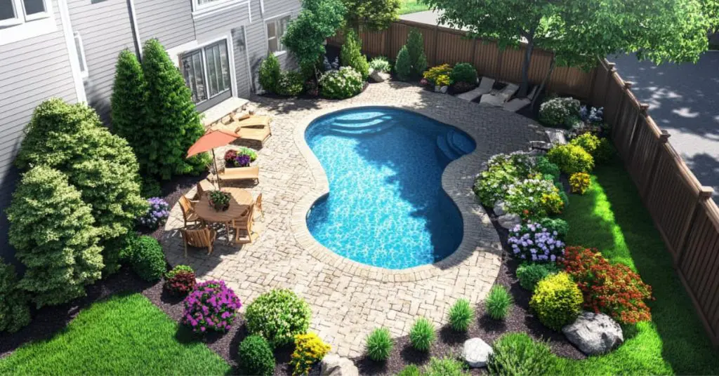 aerial view of pavers around pool with shrubs, poolside landscaping