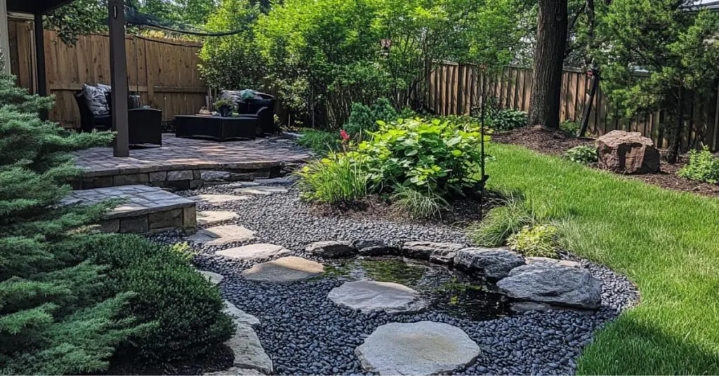 round walking stone with tiny stones and greenery around it, representing NJ Budget-Friendly Summer Landscape & Decor Ideas