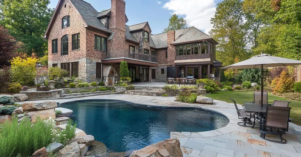 Brick and Stone Masonry around pool behind large house
