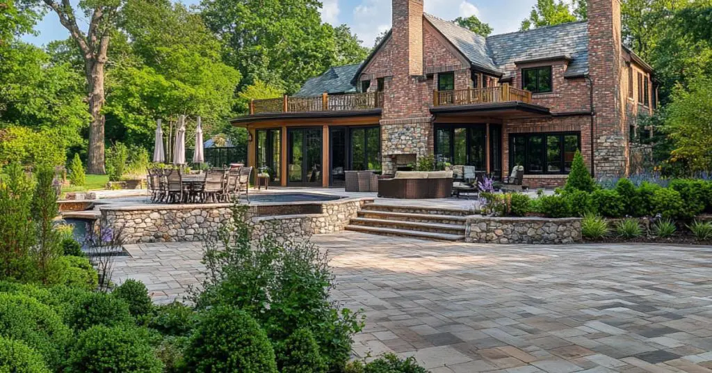 Brick and Stone Masonry patio and stairs behind large house