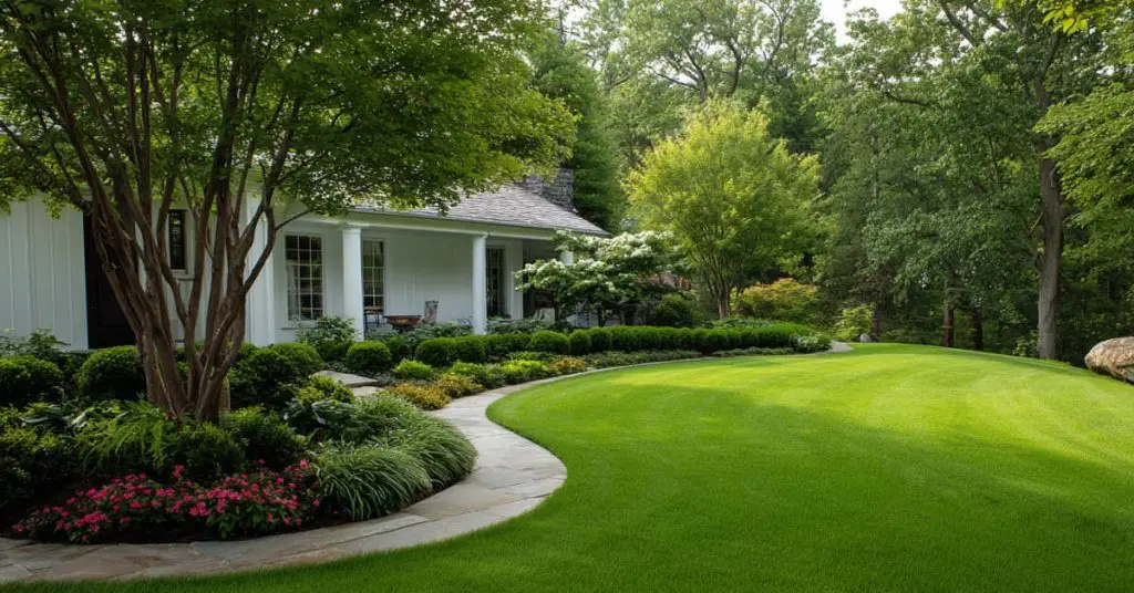 house, lawn, shrubs, plants, representing lawn care and landscaping