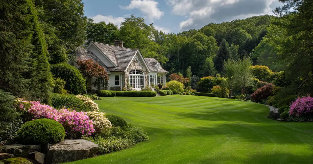 large lawn with plants, trees and shrubs, concept of the difference between lawn service and landscaping
