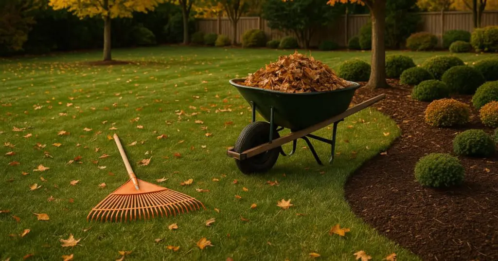 wheelbarrel with leaves, rake and leaves on grass, representing 2025 Fall Lawn, Yard & Landscape Preparation