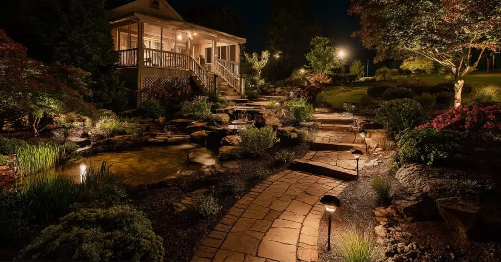 stone pathway with lights, shrubs, trees with lights in garden, 2026 landscape trends and outdoor design trends