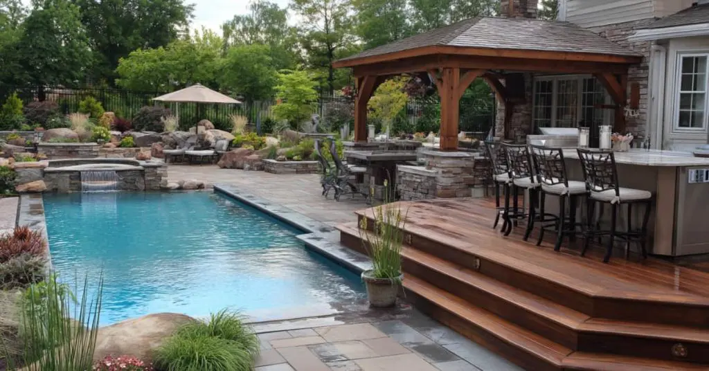pool, raised wood deck with bar and seating, pavilion, outdoor kitchen under, gardens, landscape trends in 2026 in new jersey