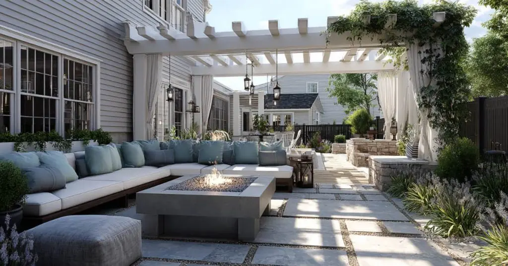 backyard, stone paver patio, fire pit, sofa, pillows, pergola, representing landscape design trends in 2026 for New Jersey homes