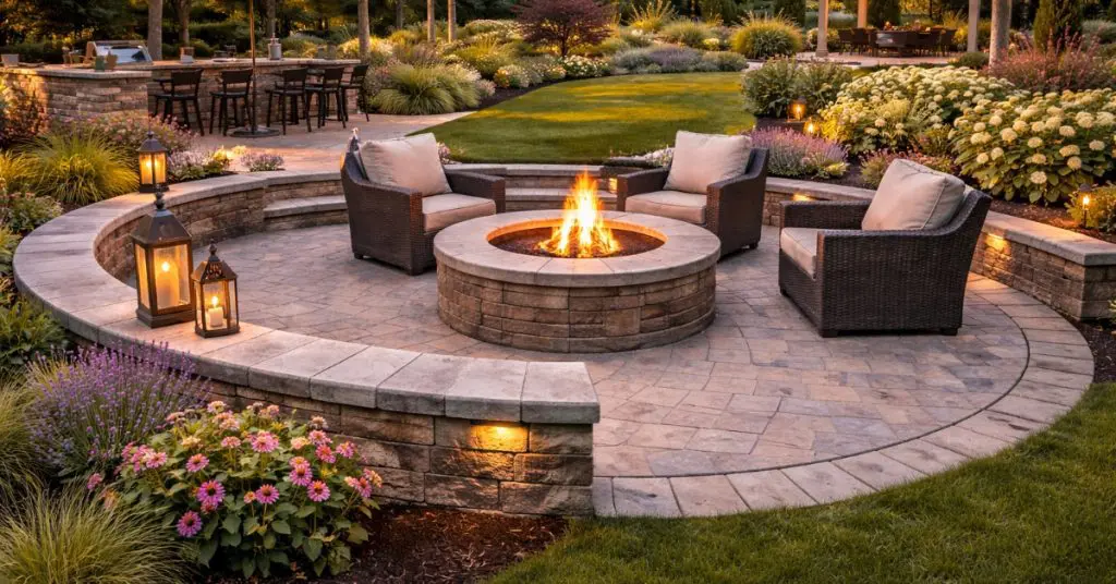 2026 garden trends, fire pit in center of paver decking with plantings around