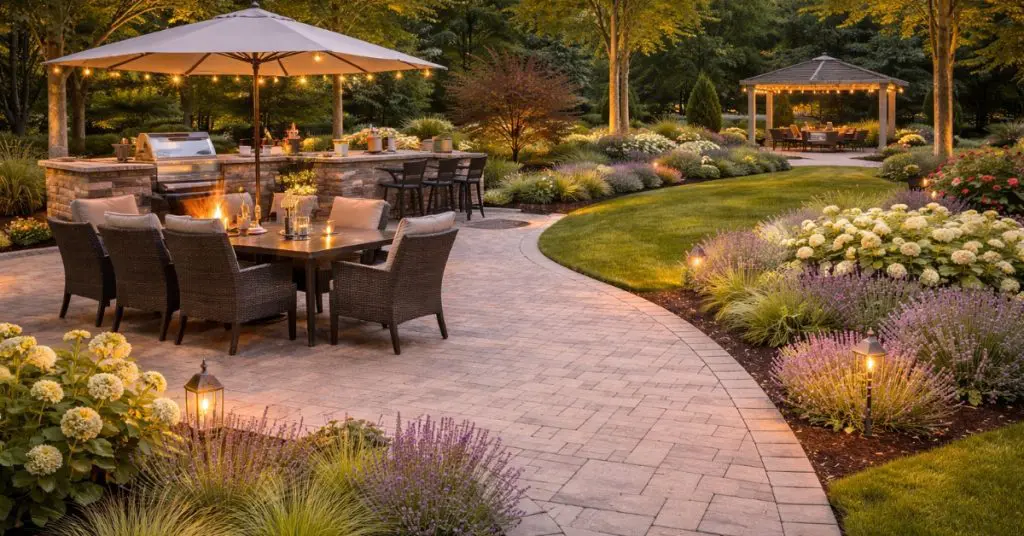 2026 garden trends, paver walkway to table, seating, umbrella and dining nook
