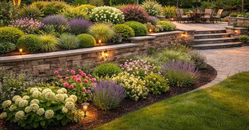 2026 garden trends with raised paver wall and layered shrubs