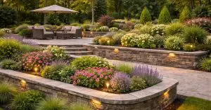 2026 garden trends with raised paver wall and layered shrubs, paver deck, seating, umbrella