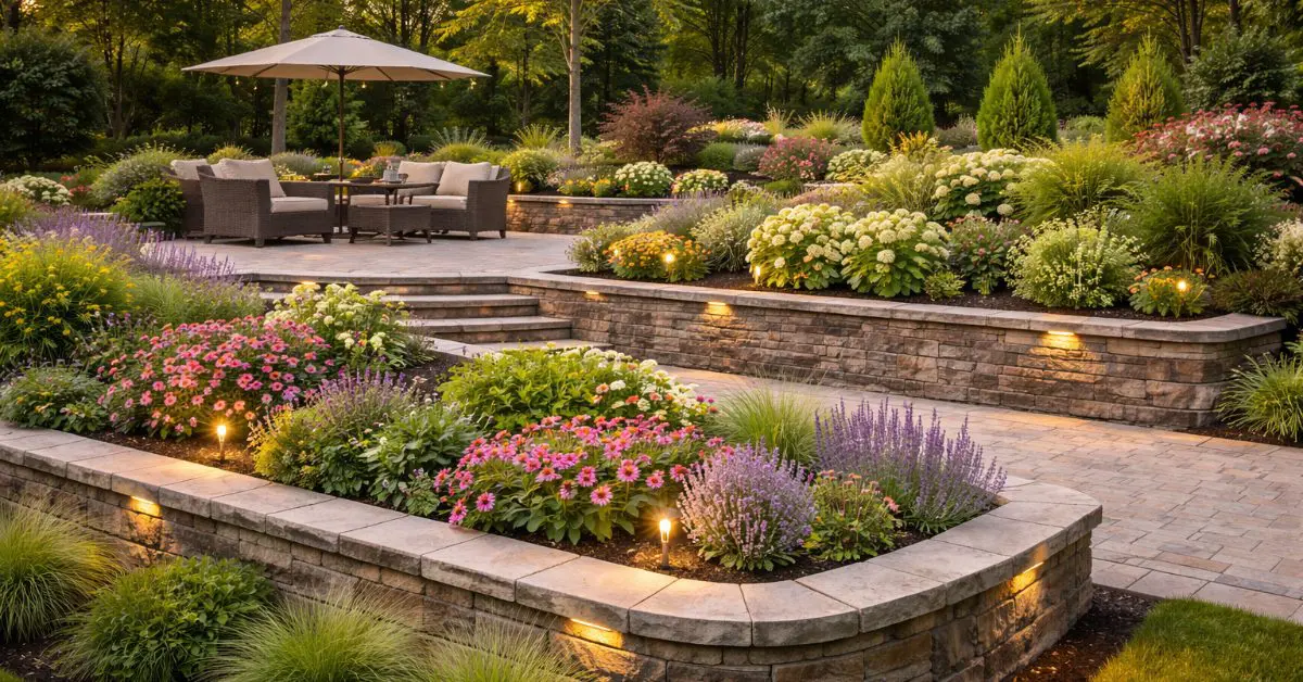 2026 garden trends with raised paver wall and layered shrubs, paver deck, seating, umbrella