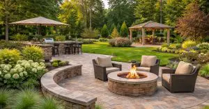 2026 spring landscape trends in NJ, pavers, fire pit, patio covers, seating
