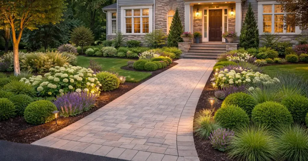 Spring 2026 landscape trends in NJ, wide paver walkway, plantings in front of house