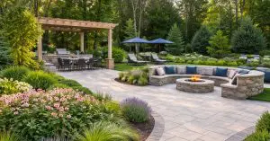 paver patio, lounge area, pergola, seating, concept of applying 2026 landscape and garden trends