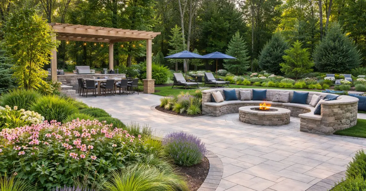 paver patio, lounge area, pergola, seating, concept of applying 2026 landscape and garden trends