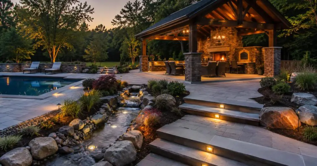 Outdoor living spaces NJ, stone landscape, outdoor kitchen pergola, pool, stone steps