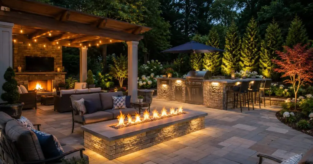outdoor living spaces NJ, paver deck, fire featires. kitchen, bar, stools, sofa seating