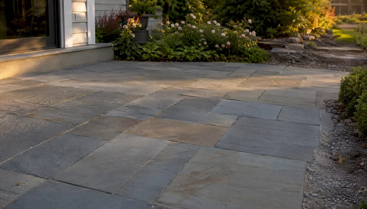 Close-up of bluestone patio stones in backyard