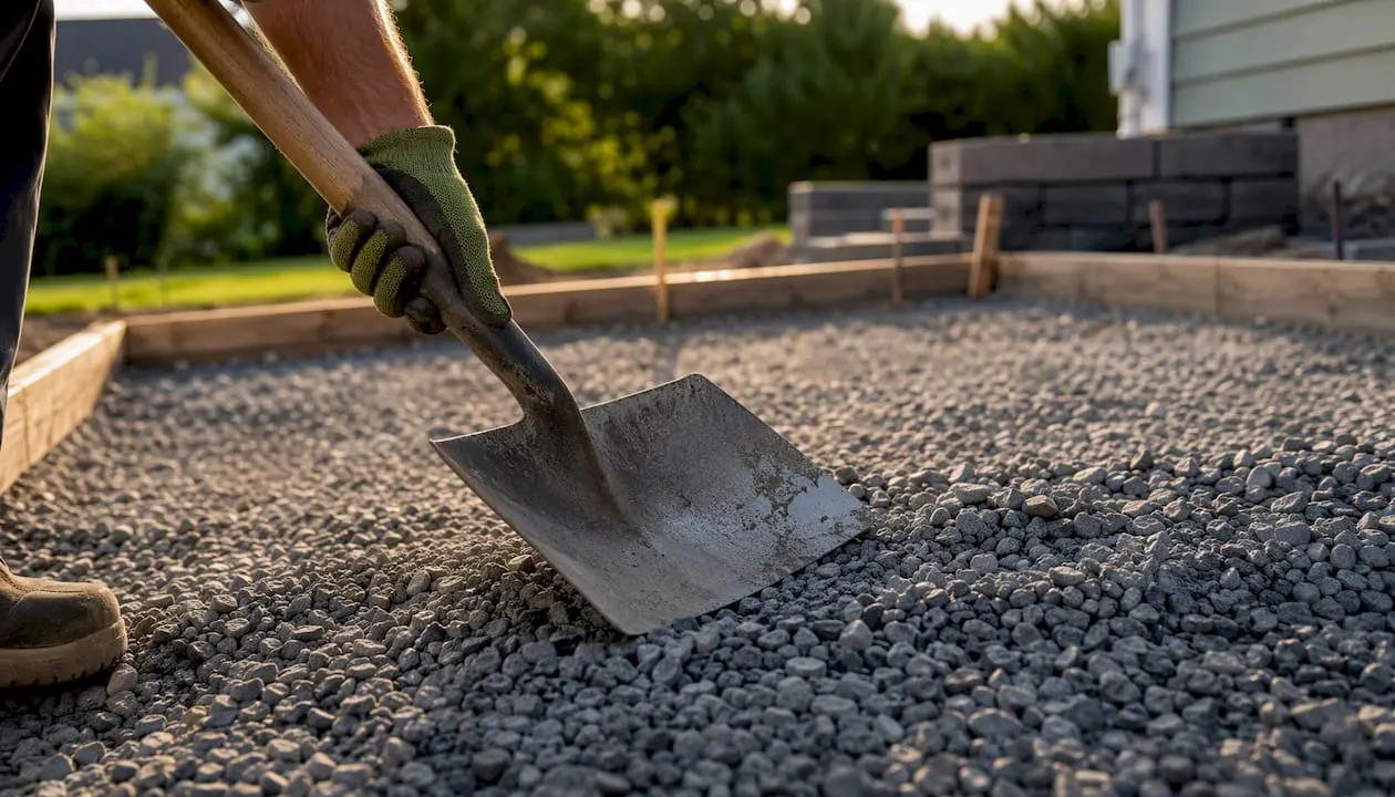 Worker compacting gravel base for patio