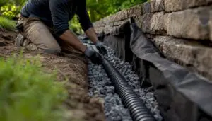 Mason installing retaining wall drainage pipe and stone