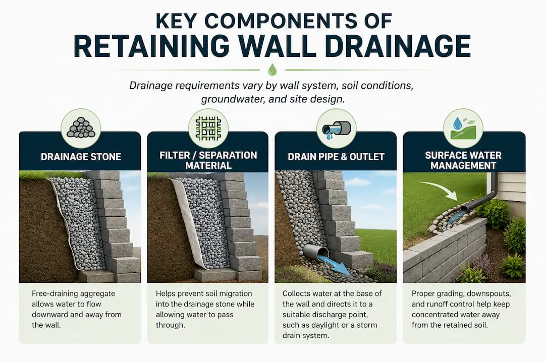Retaining wall drainage specs by wall height