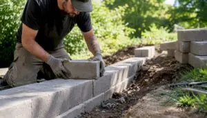 Hands placing concrete block in retaining wall