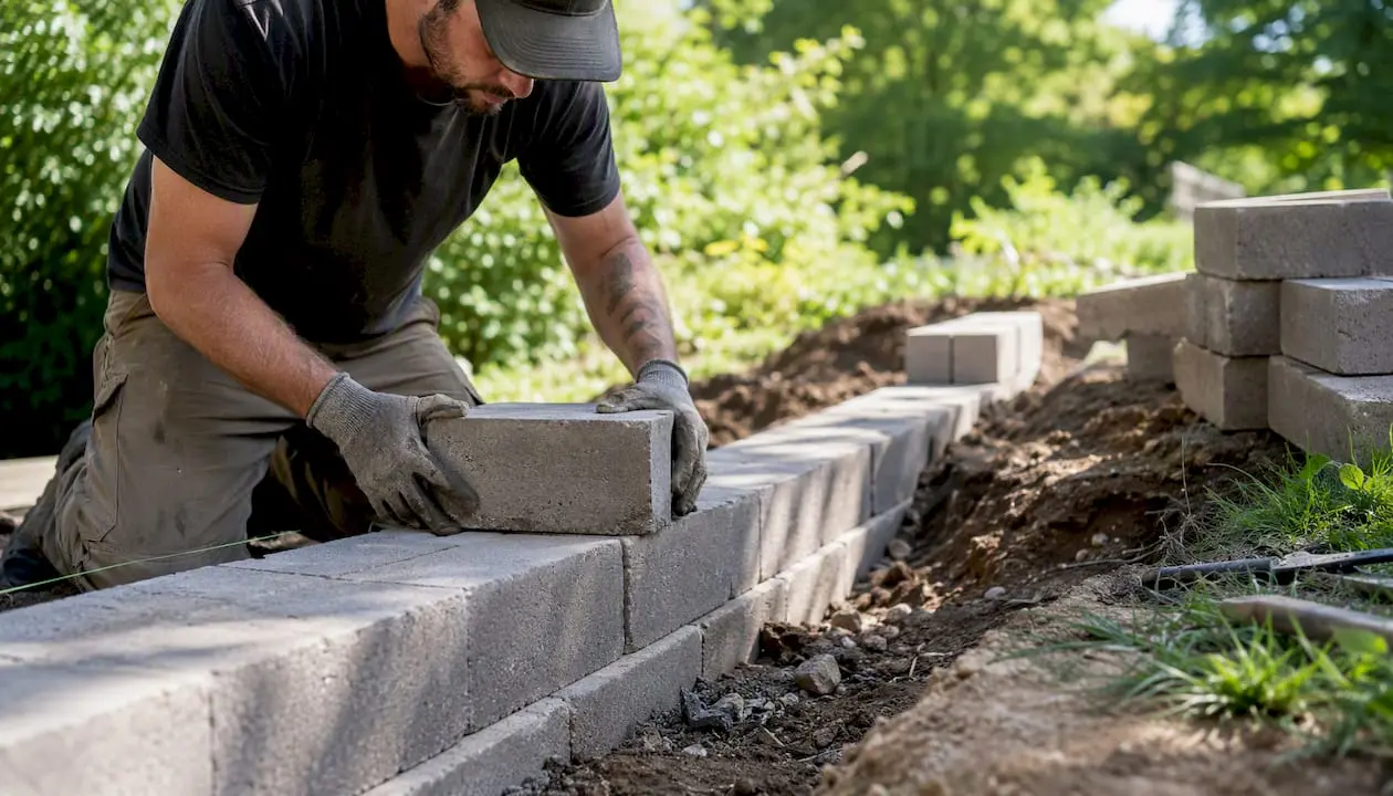 Hands placing concrete block in retaining wall