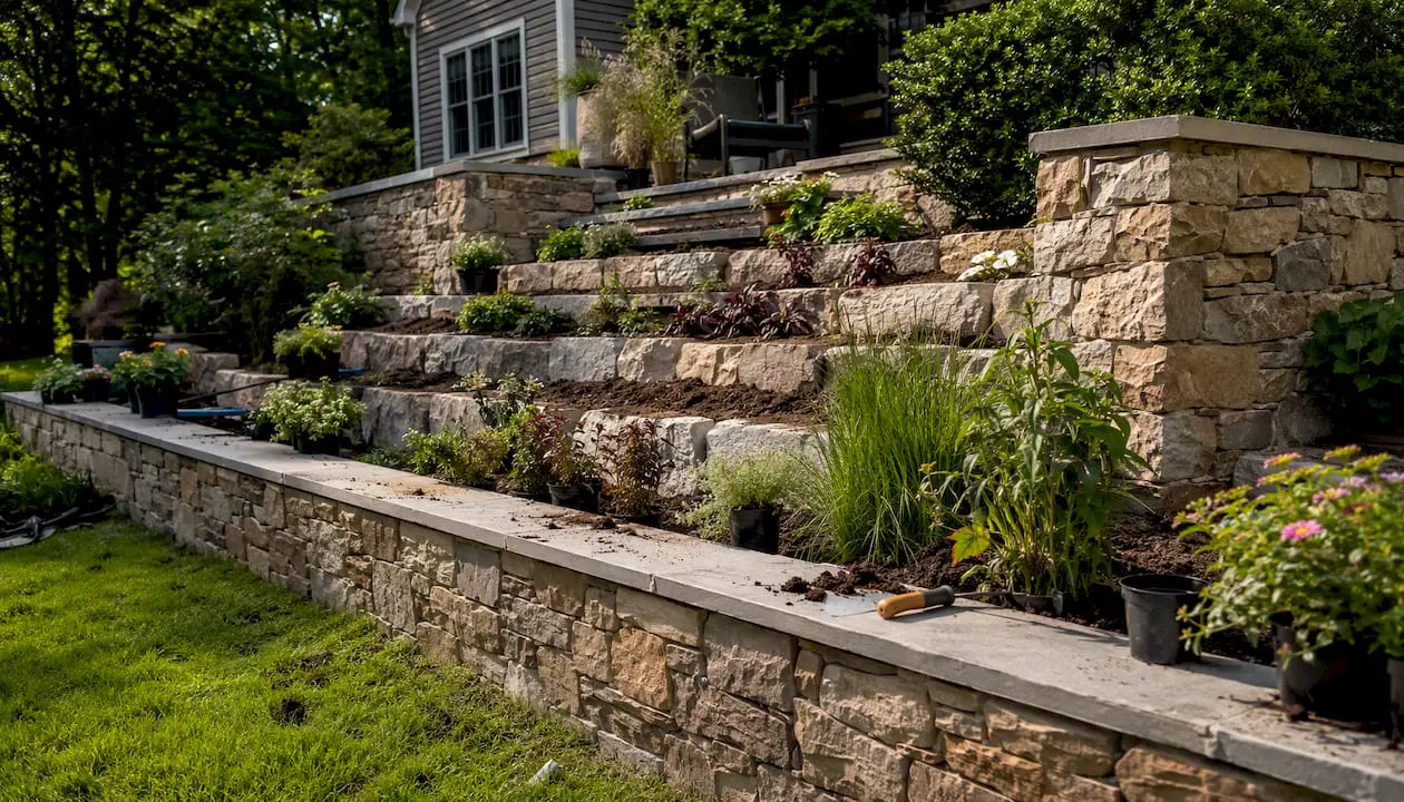 Multi-level terraced stone retaining walls