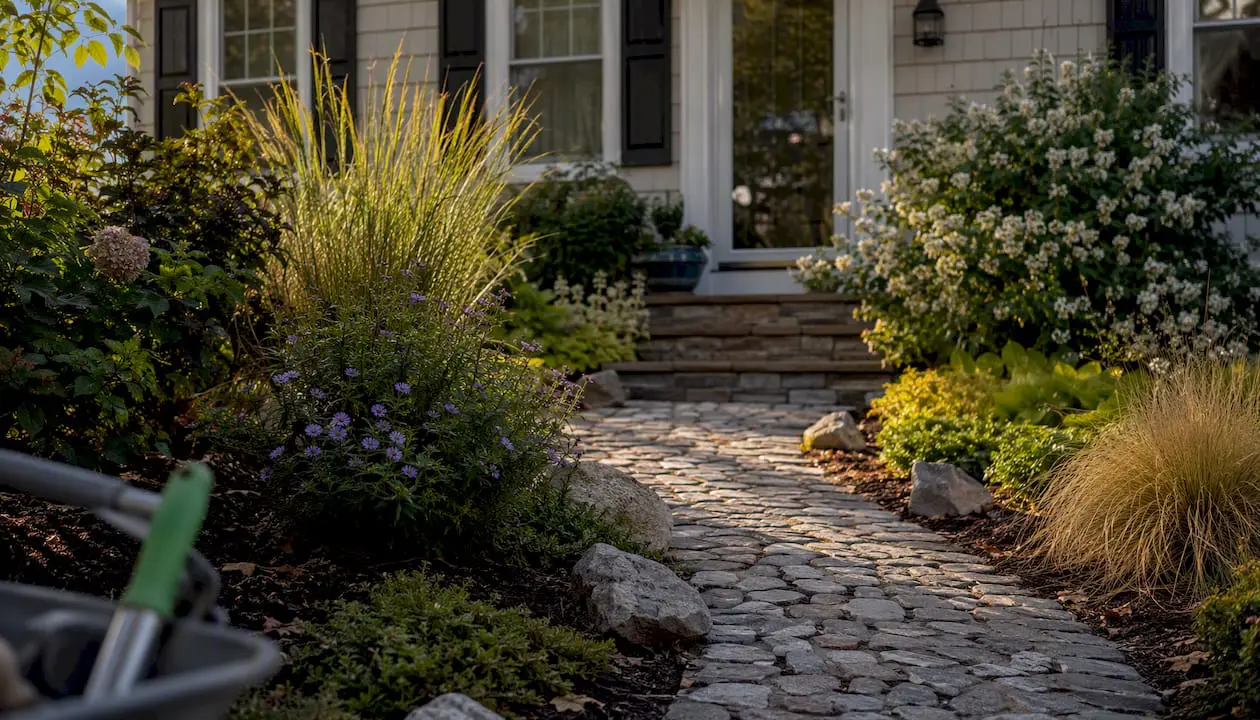 NJ front yard with landscaping and stone path