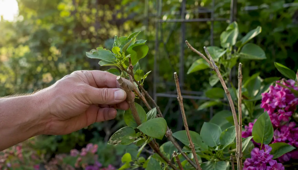 Hand inspecting deer damage on shrub branch