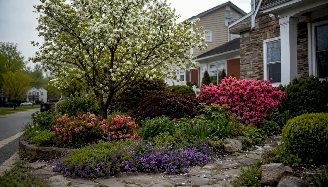Layered cottage-style garden plantings in NJ front yard