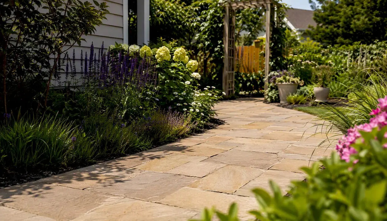 Close-up of bluestone paver walkway ideas with edging