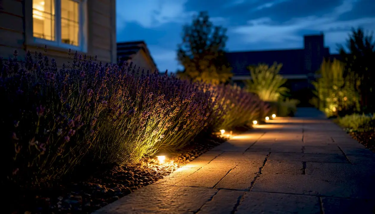 Stone walkway lit by low-voltage path lights at dusk