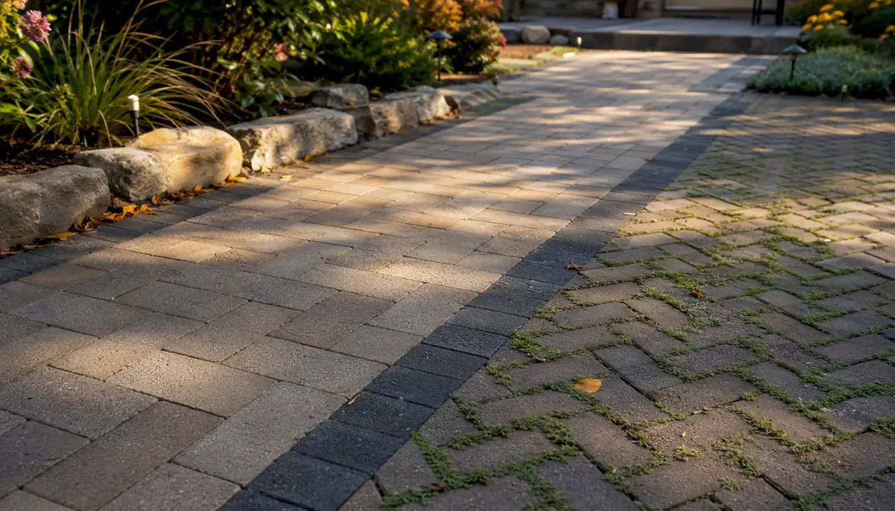 Paver walkway showing herringbone and running bond patterns