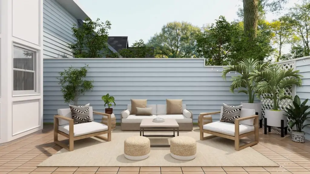 Newly built stone patio in suburban backyard