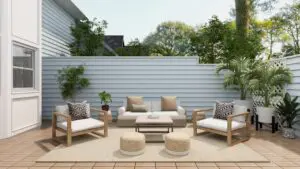 Newly built stone patio in suburban backyard