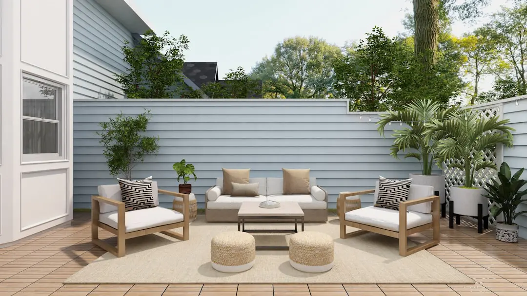 Newly built stone patio in suburban backyard