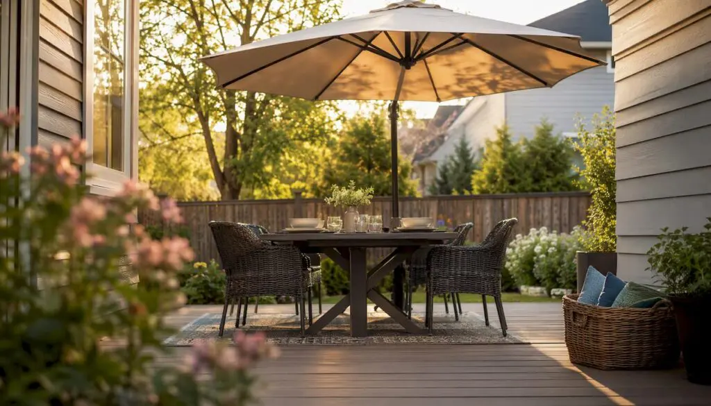 Patio umbrella shading backyard dining table
