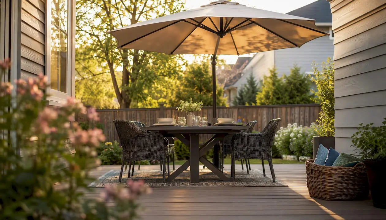 Patio umbrella shading backyard dining table