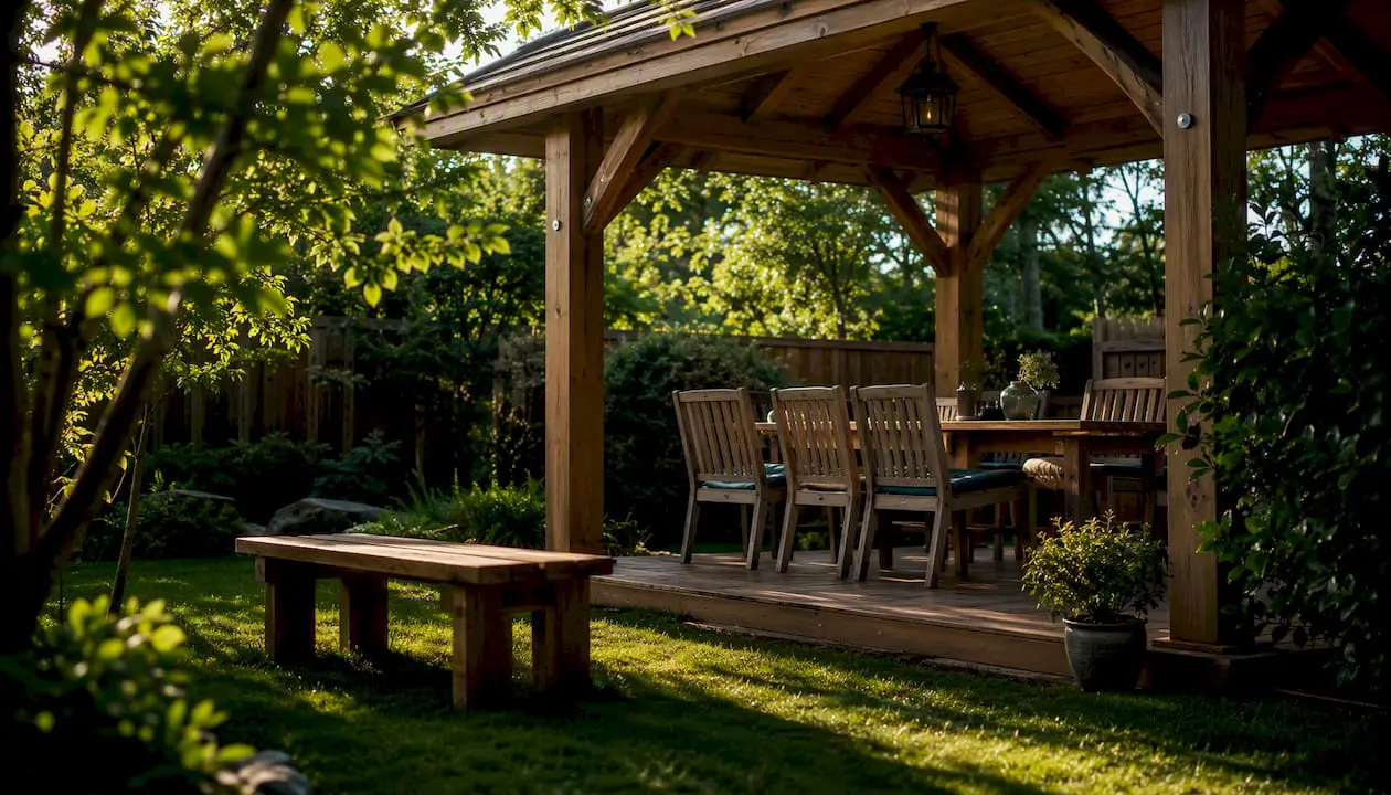 Wood gazebo covering backyard dining area